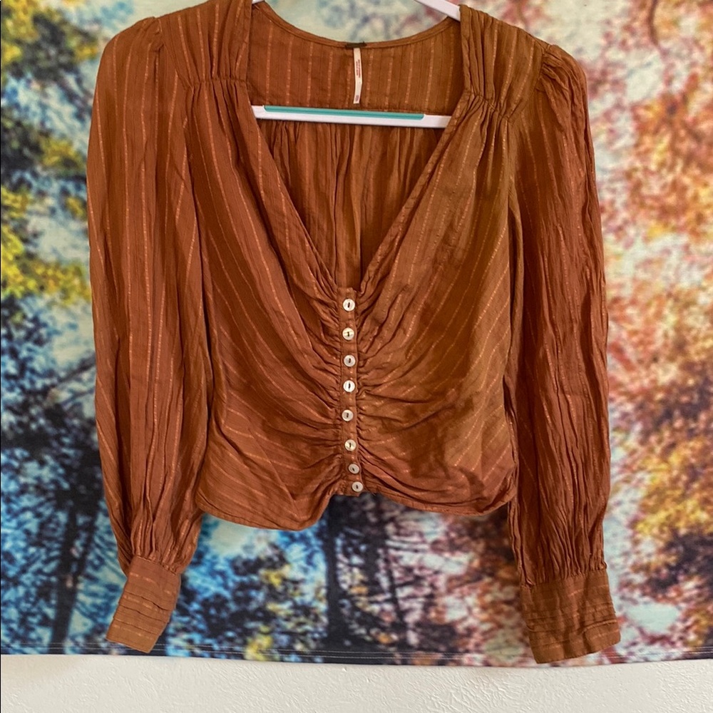 Free People Brown Buttoned Ruched Crop Top